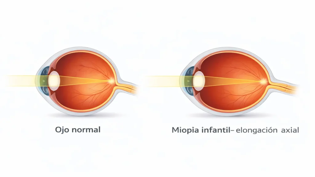 Ilustración comparativa de ojo normal y ojo con elongación axial en miopía infantil.