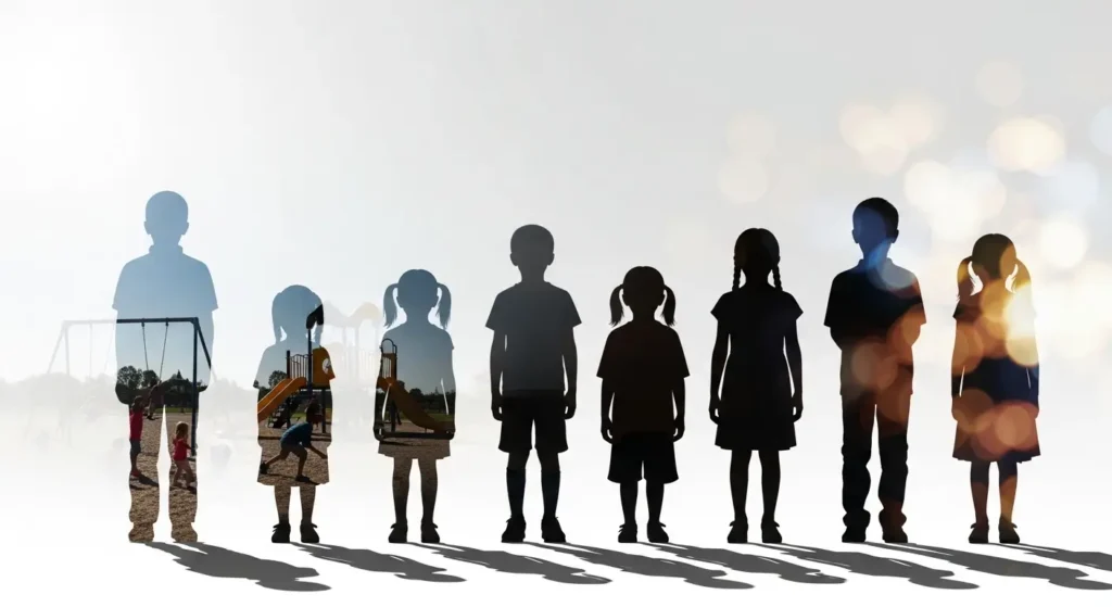 Siluetas de niños de diferentes edades superpuestas con imágenes de un parque, simbolizando la progresión de la miopía a través de los años.
