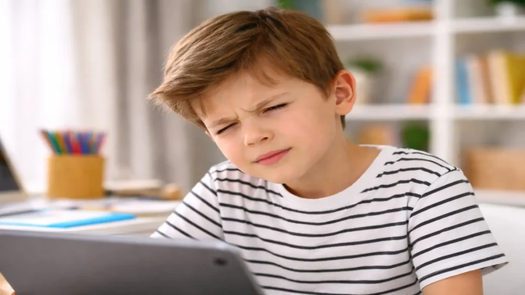 Niño entrecerrando los ojos mirando de frente