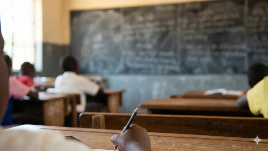 VIsión borrosa en el pizarrón causada por la miopía infantil no corregida.