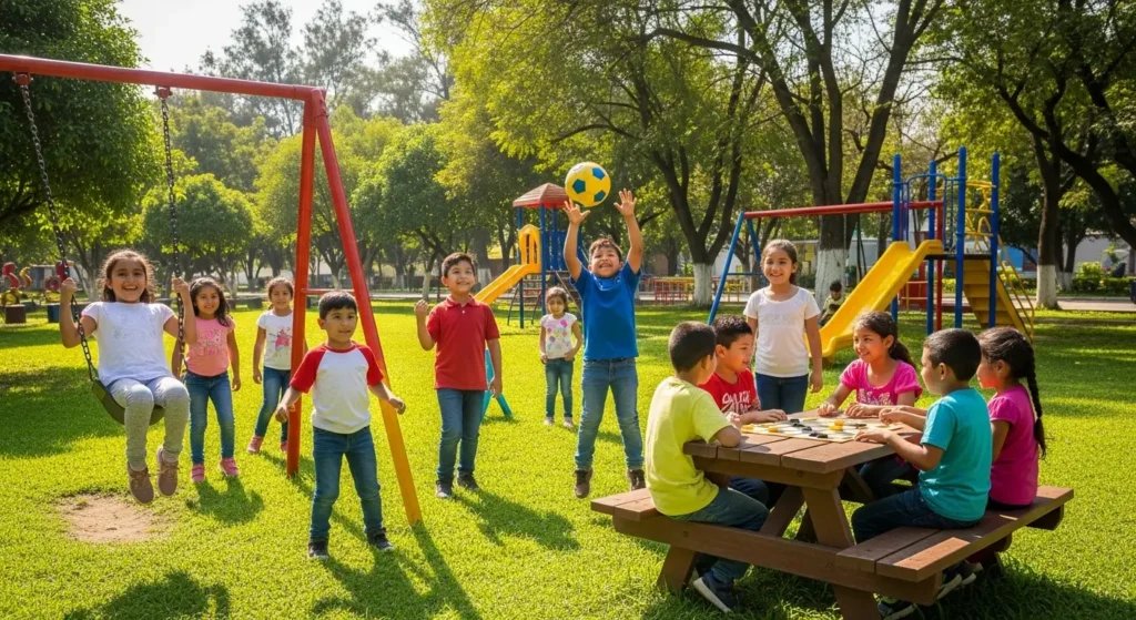 Grupo de niños jugando alegremente al aire libre en un parque con columpios, resbaladillas y una mesa de picnic.