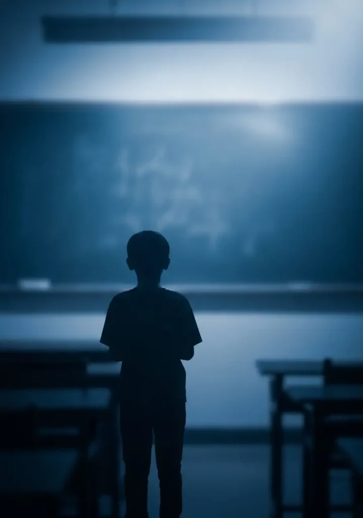Silueta de un niño solo frente a un pizarrón borroso en un salón de clases, que ilustra la miopía en niños y la dificultad para ver de lejos.