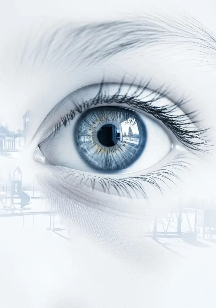 Primer plano del ojo de un niño con un iris azul, con un parque infantil difuso reflejado en el fondo.