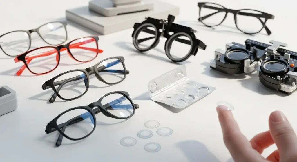 Gafas, lentes de contacto y equipos de examen visual sobre una mesa, representando el tratamiento para miopía y la corrección de la visión.