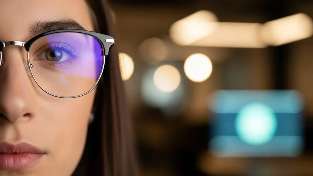 Primer plano estético de unas gafas modernas con filtro de luz azul usadas por un profesional en su escritorio.