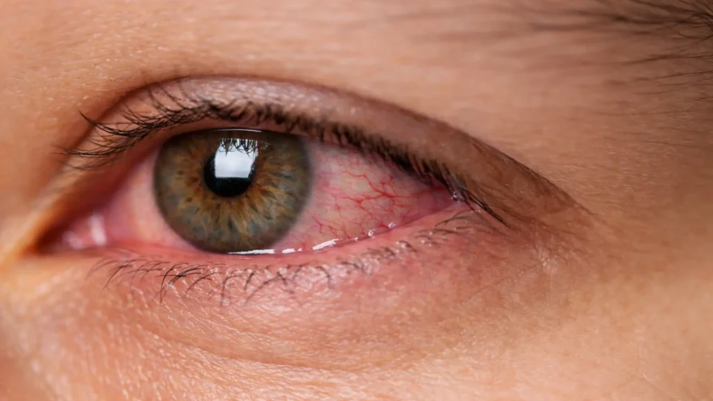 Ojo humano con enrojecimiento e irritación, sensación de arena en los ojos, comezón, dolor ocular, síntomas comunes de la resequedad ocular.