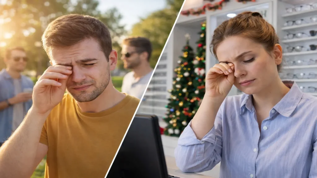 Personas con resequedad ocular en diferentes entornos cotidianos.