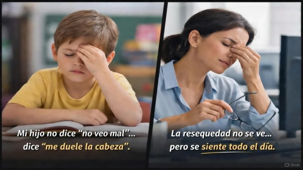 Niño y madre con dolor de cabeza por posible problema visual. Izquierda: niño pequeño sentado estudiando, mano en la frente por cefalea. Derecha: mujer adulta en oficina, mano en la sien por migraña y fatiga visual.
