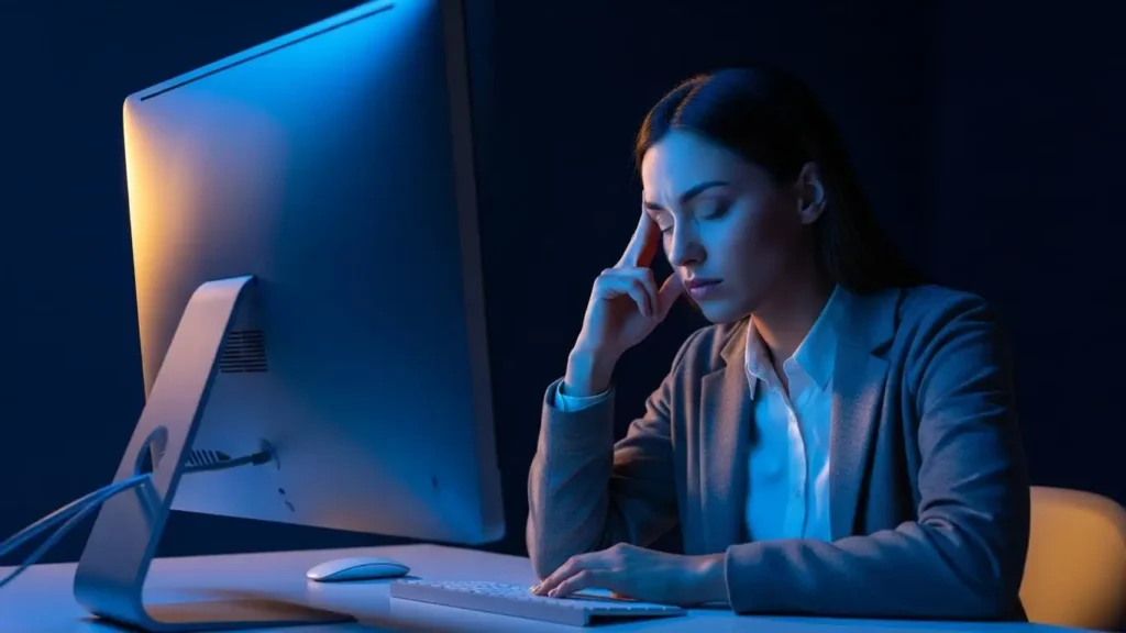 Un profesional sintiendo fatiga visual digital al final de una jornada laboral frente a una pantalla de computadora.