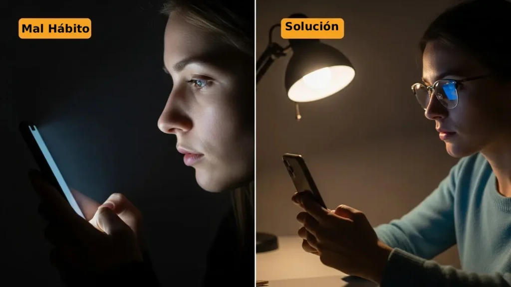 Comparativa de iluminación adecuada y el uso de lentes con filtro azul para prevenir la fatiga visual digital.