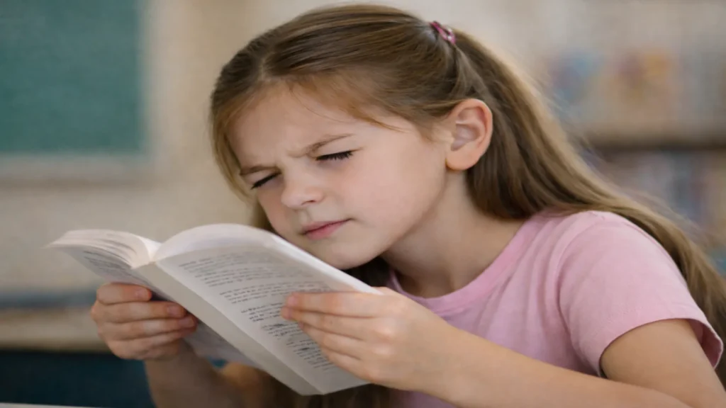 Niña entrecerrando los ojos al leer, posible indicador de problemas de visión en niños