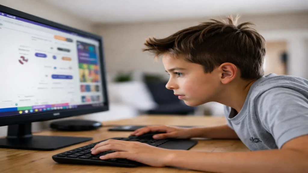 Niño en edad escolar usando la computadora muy cerca de la pantalla, mostrando problemas de visión en niños y fatiga ocular por uso prolongado de pantallas.