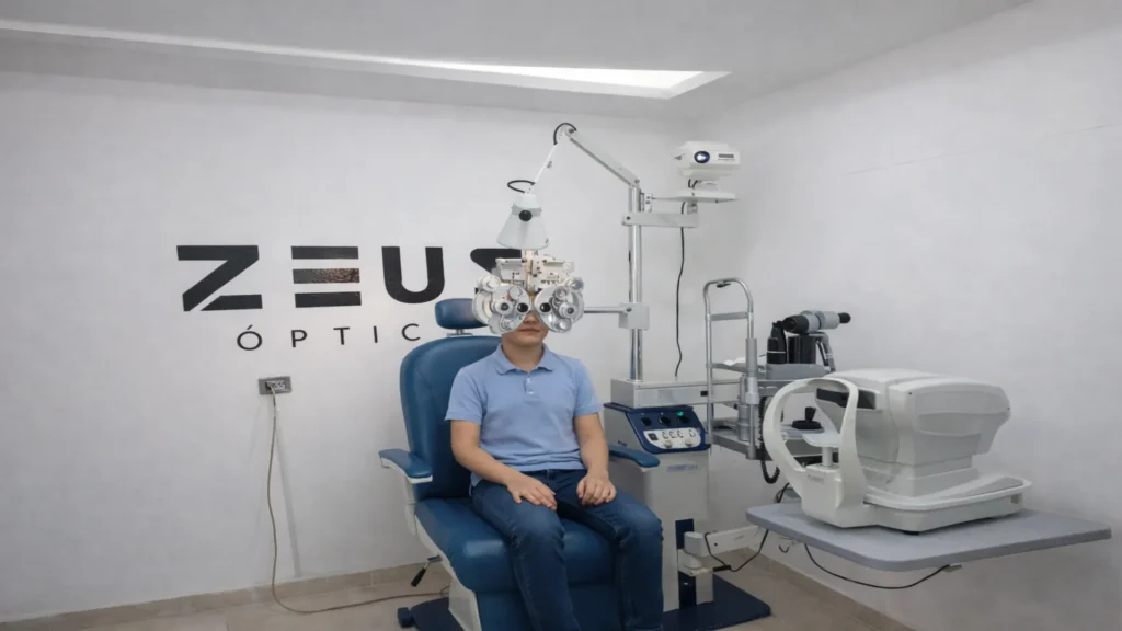 “Evaluación visual infantil con foróptero,foroptor,phoroptor en óptica, niño realizando examen de la vista para detectar señales de problemas de visión en niños enfoque y esfuerzo visual."