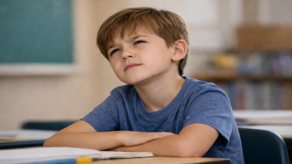 Niño en clase forzando la visión lejana y entrecerrando los ojos, conducta común en problemas de enfoque visual infantil.”