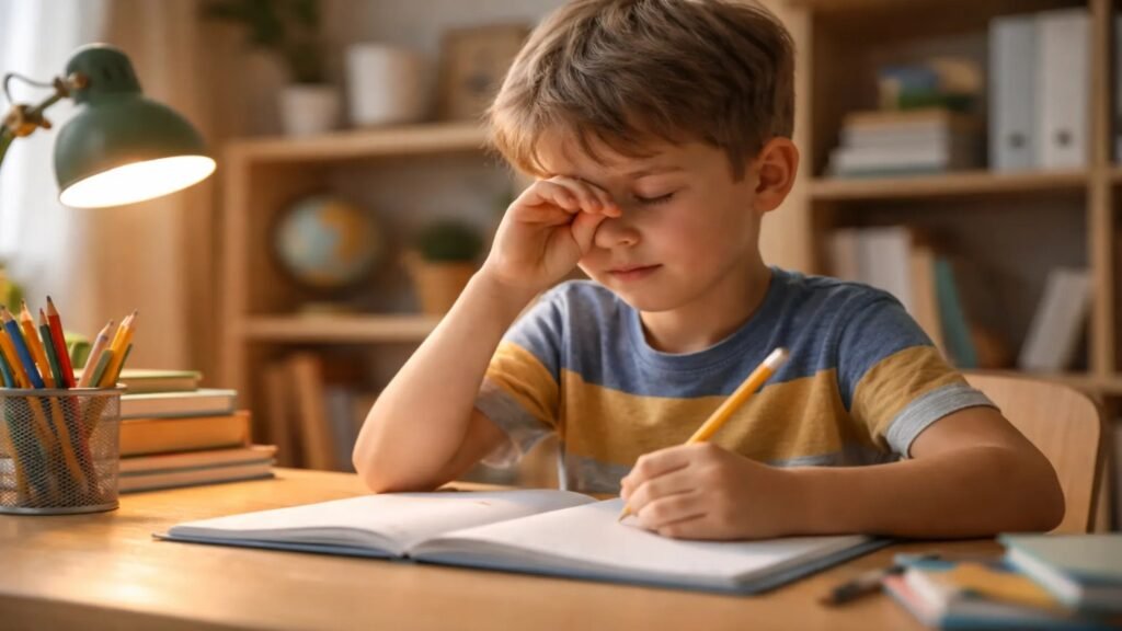 Niño frotándose los ojos durante la tarea, señal de problemas de visión en niños.