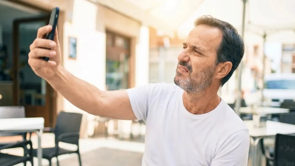 Retrato de la frustración visual: Un hombre lucha por leer un mensaje en su celular, alejándolo de su rostro y forzando la vista, un signo clásico de la necesidad de lentes para lectura