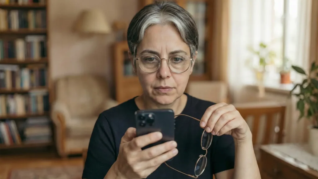 "Una mujer con expresión concentrada o cansada revisa su teléfono móvil en un entorno hogareño acogedor, sosteniendo sus gafas de lectura en la mano."