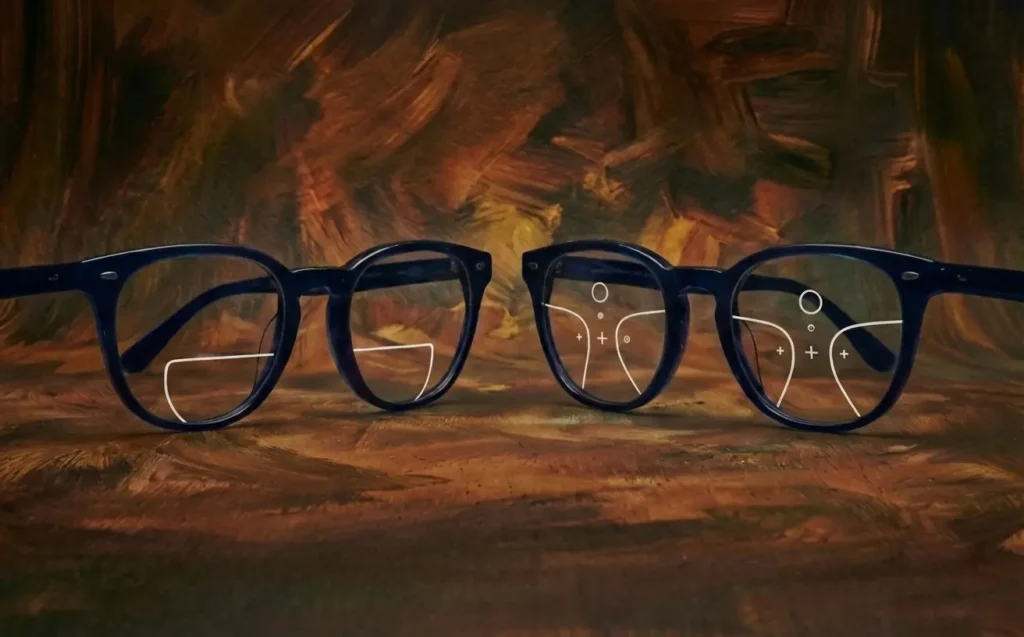 "Visualización técnica de micas bifocales (línea visible) vs. micas progresivas (diseño multifocal) en armazones azul marino."