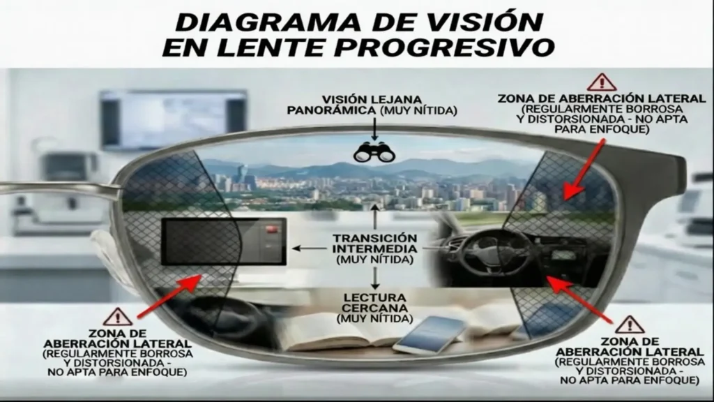 "Diagrama explicativo de las zonas de visión nítida (lejana, intermedia y cercana) y las zonas de aberración lateral en un lente progresivo."